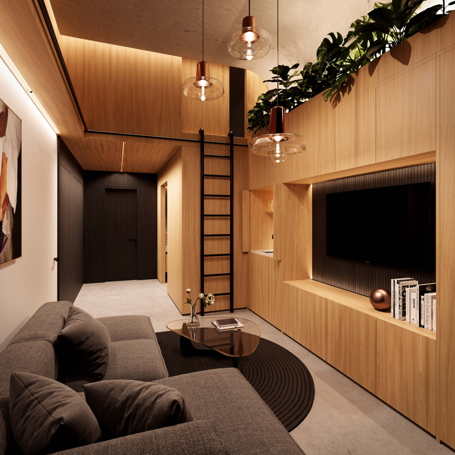 Developer rendering of a Martello Suite living area with a grey sofa, wall-mounted television in oak joinery, pendant lighting and a ladder to a loft
