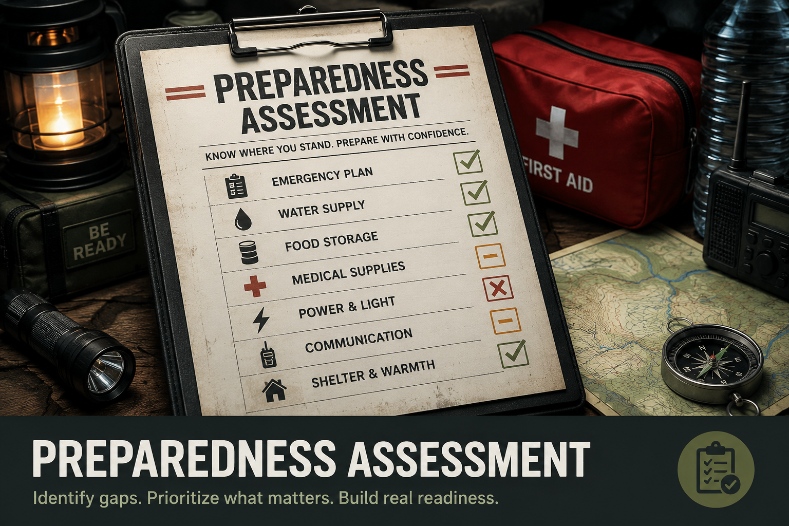 Preparedness assessment checklist on a clipboard surrounded by a lantern, first aid kit, radio, flashlight, map, and compass