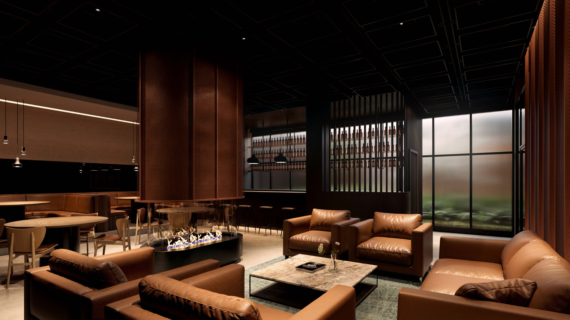 Developer rendering of a dark bar lounge with tan leather armchairs, a linear fireplace, a bottle-lined back bar and a glazed wall