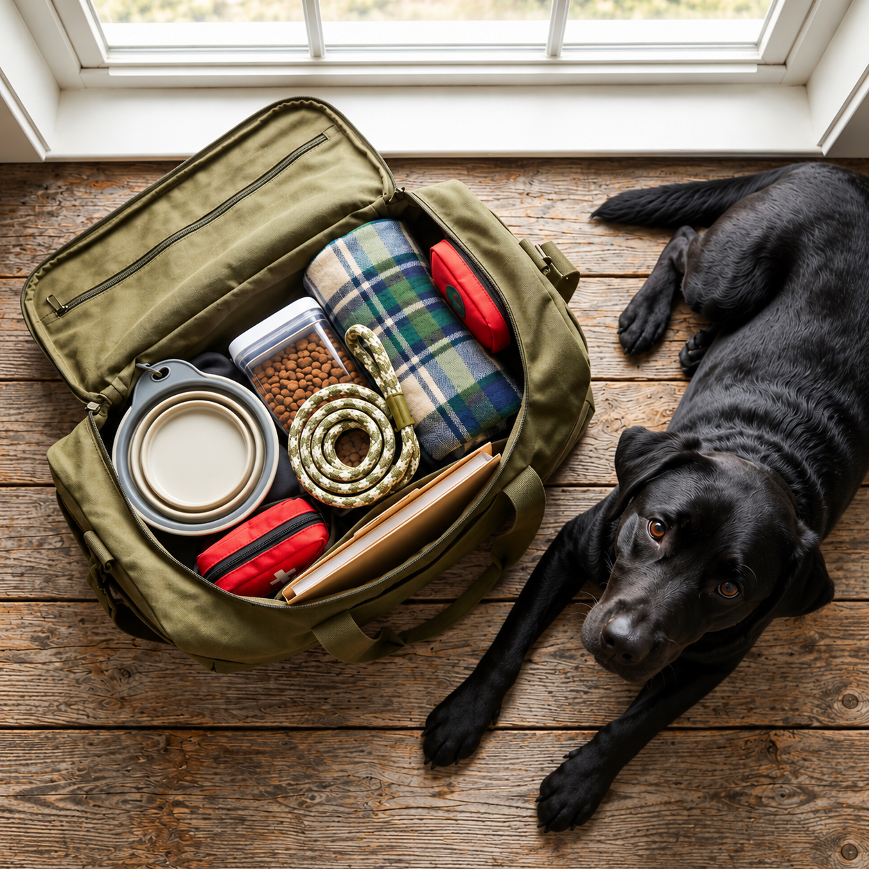 Black Lab lying beside an open olive go-bag packed with pet supplies