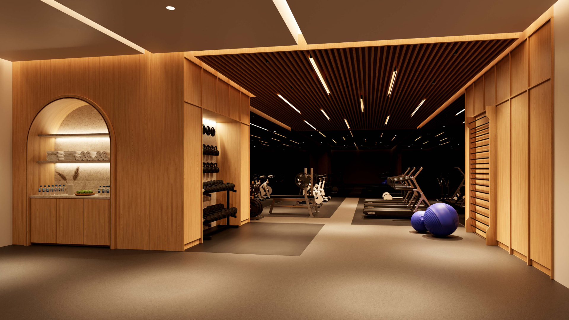 Developer rendering of an underground gym with treadmills, free weights, timber slat ceiling and an arched towel alcove