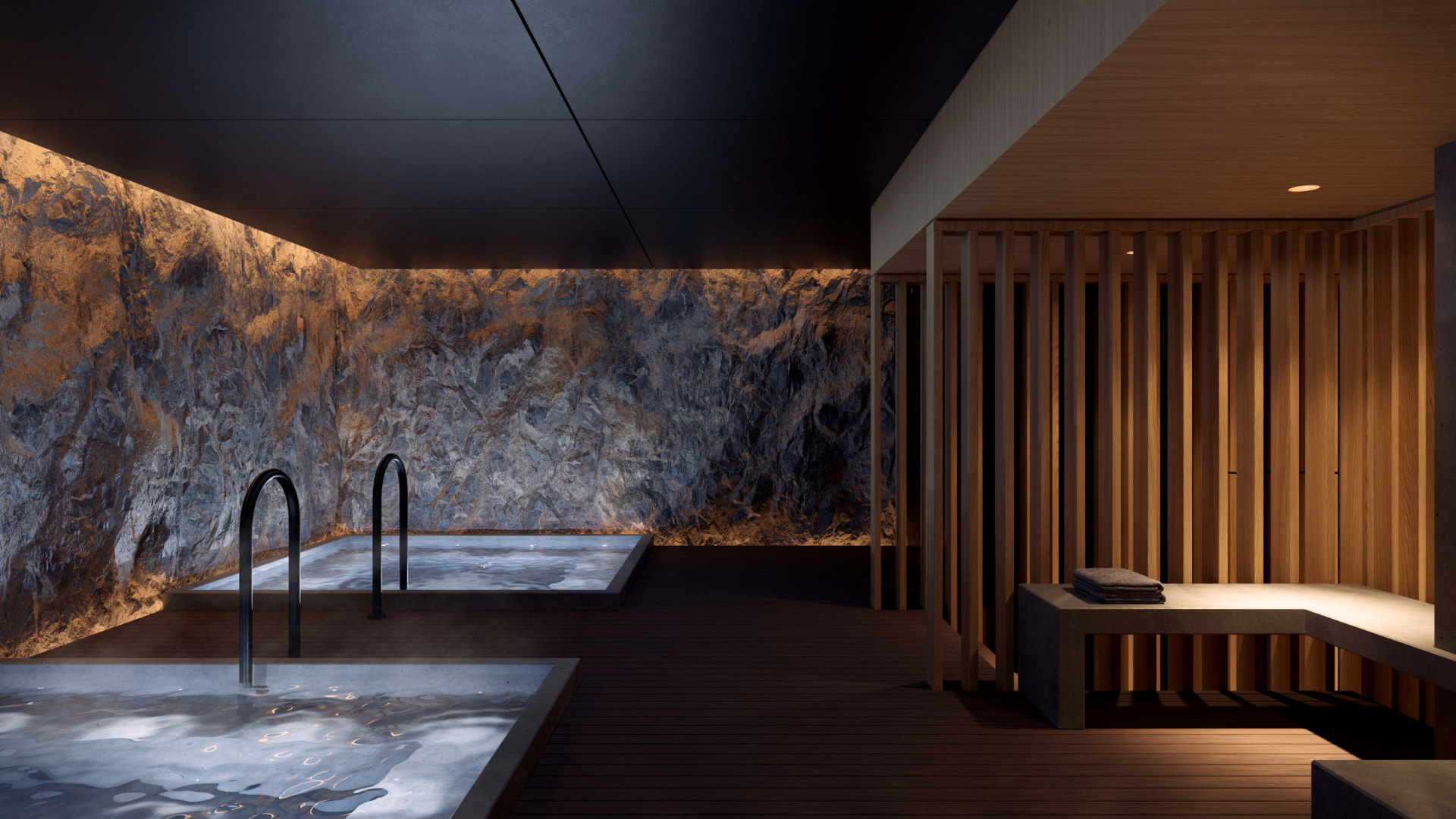 Developer rendering of an underground spa with two lit plunge pools, an exposed rock wall and a slatted timber sauna enclosure
