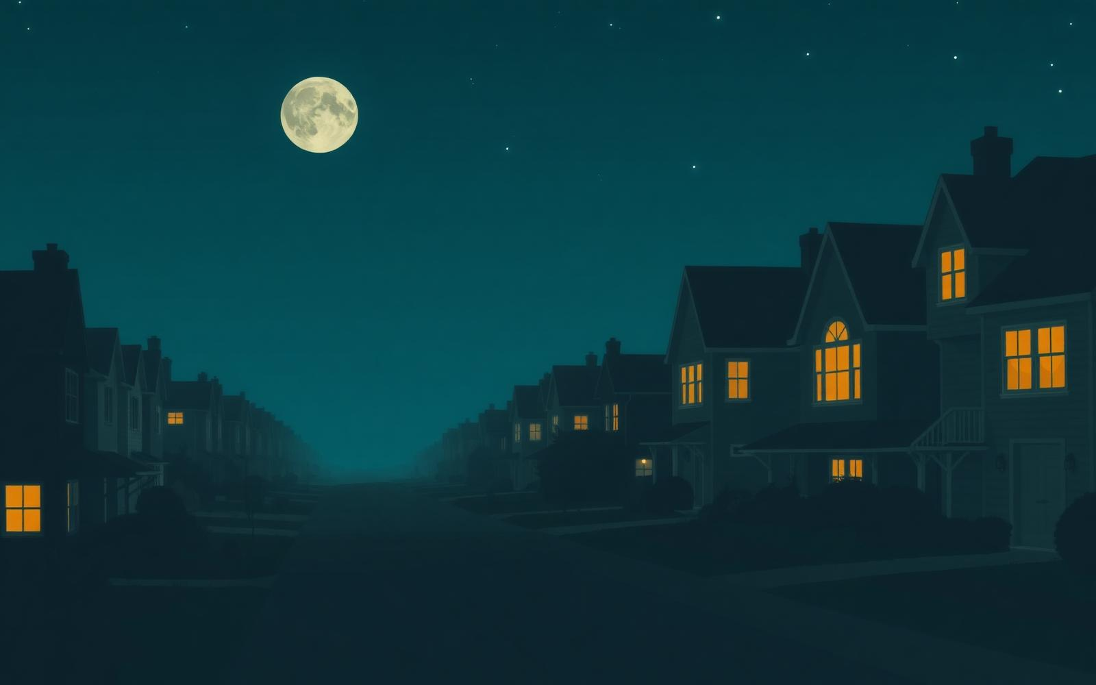 Moonlit suburban street during a blackout with a few windows still glowing