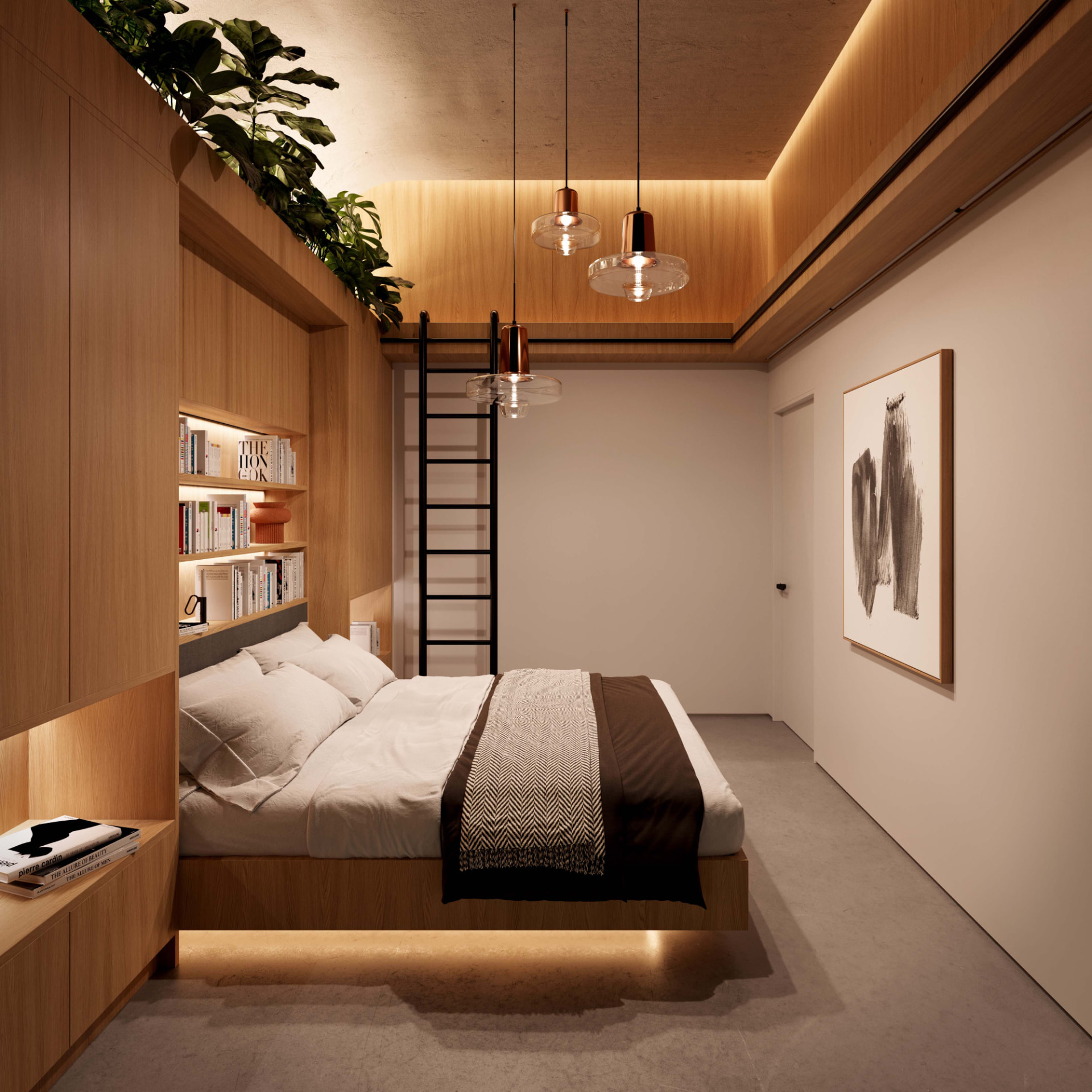 Developer rendering of a Martello Suite bedroom: oak millwork, built-in lit bookshelves, a platform bed, copper pendant lights and a ladder to a mezzanine