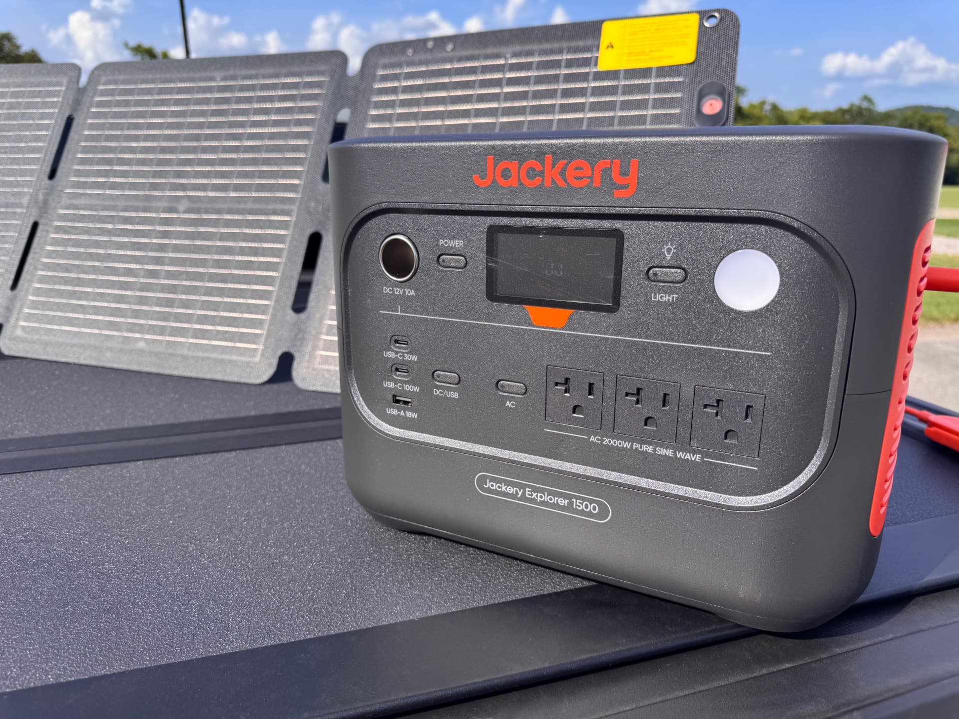 Jackery Explorer 1500 front panel showing AC USB and DC outputs