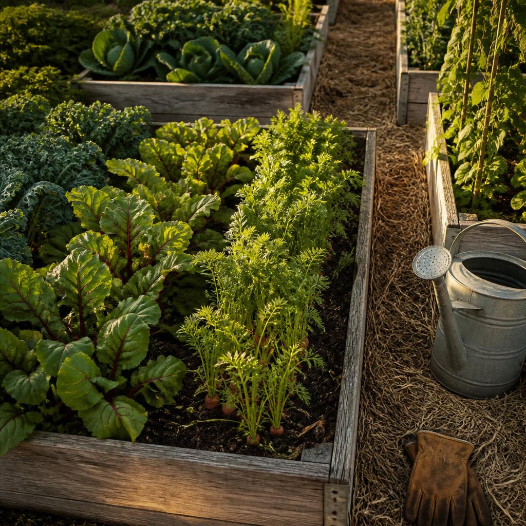 Overhead view of raised cedar beds full of kale, beets and carrots at golden hour with a galvanized watering can