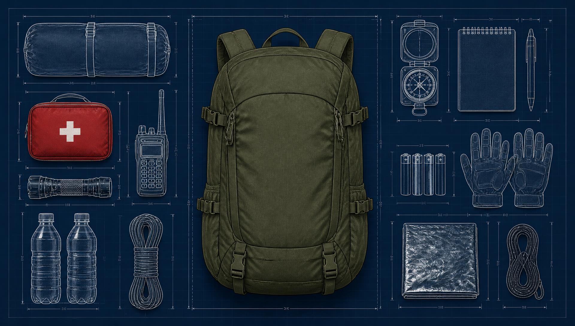 Overhead flat-lay of a premium olive backpack surrounded by survival gear