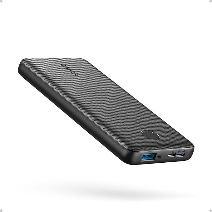 Anker Power Bank 10,000mAh portable charger and its multiple charging ports.