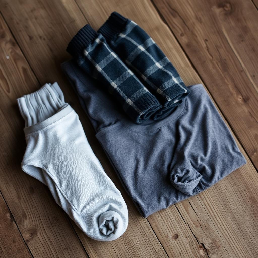 A rolled change of clothes: merino wool socks, a plain gray tee, base layer, and underwear on weathered wood.