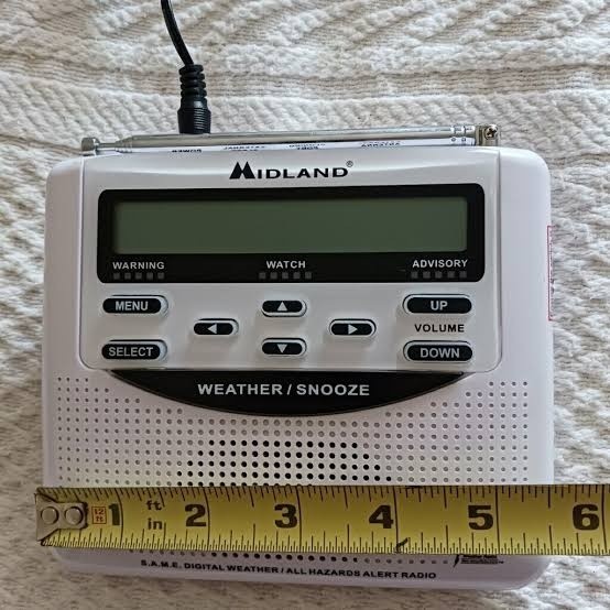 Midland WR120B All-Hazards Alert Weather Radio, measuring only 5.5"