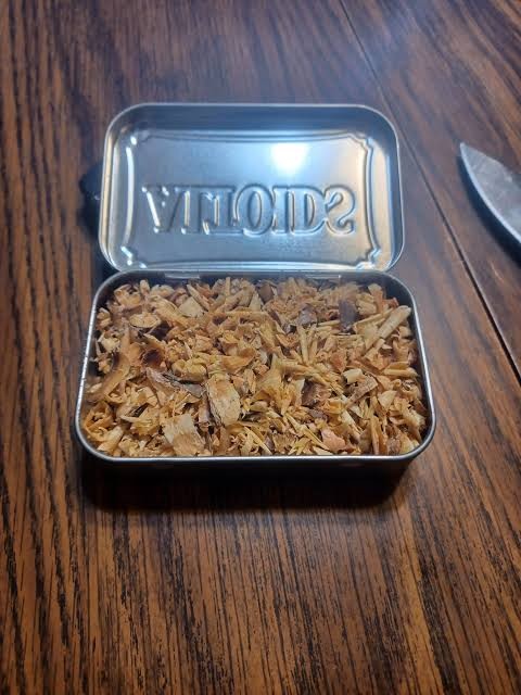 Altoids tins are an easy, compact solution to keep tinder dry in a pinch