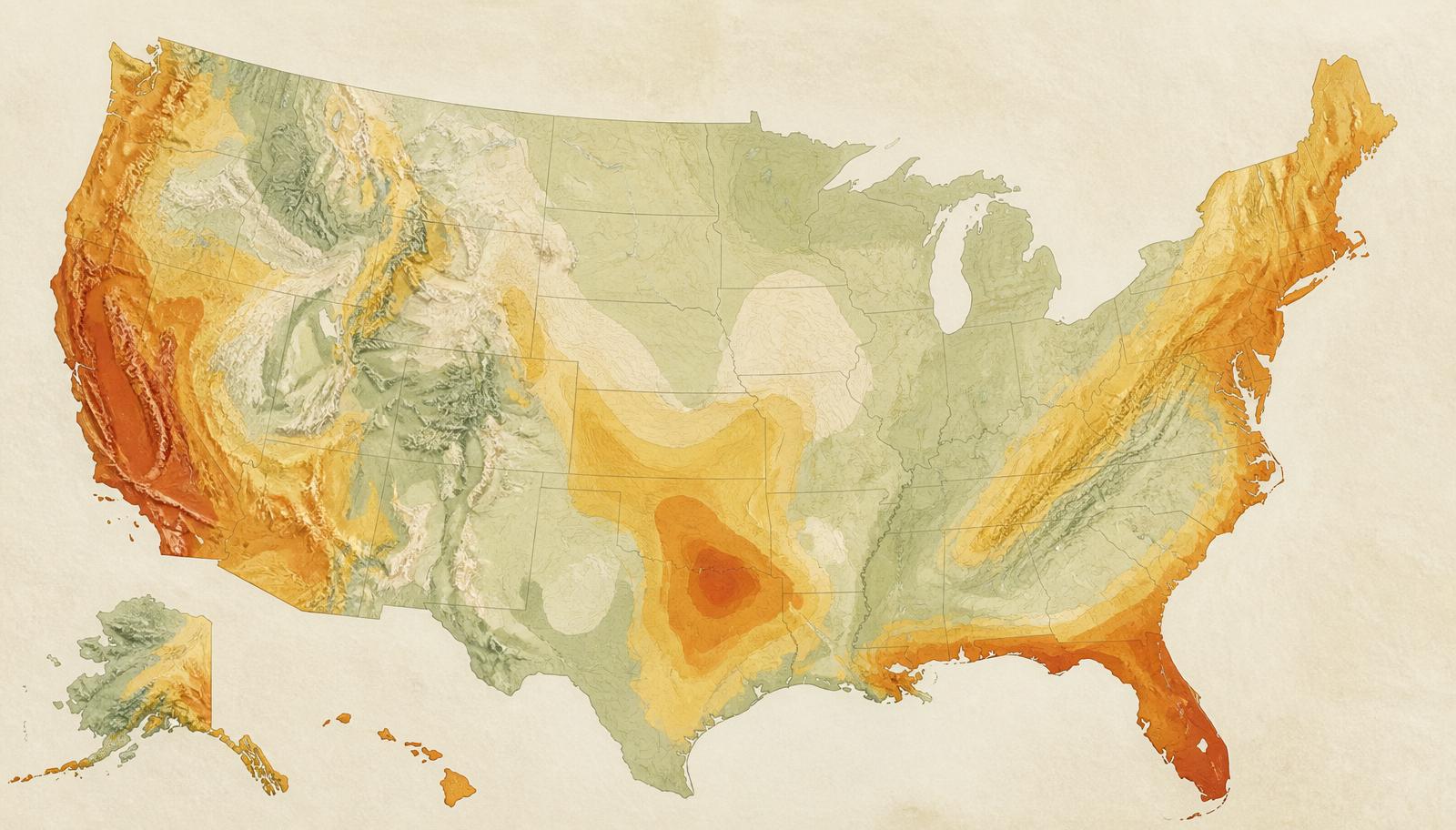 Topographic-style map of the United States shaded by natural hazard exposure