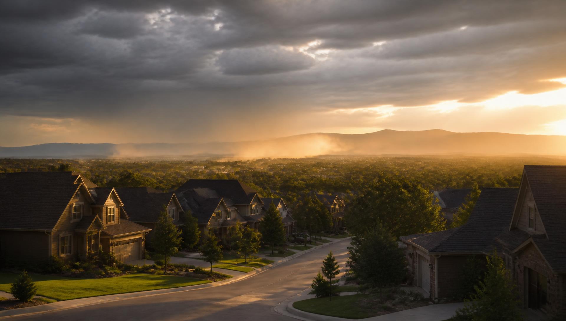 A Midwest suburban neighborhood with storm clouds approaching and warm sunlight breaking through.