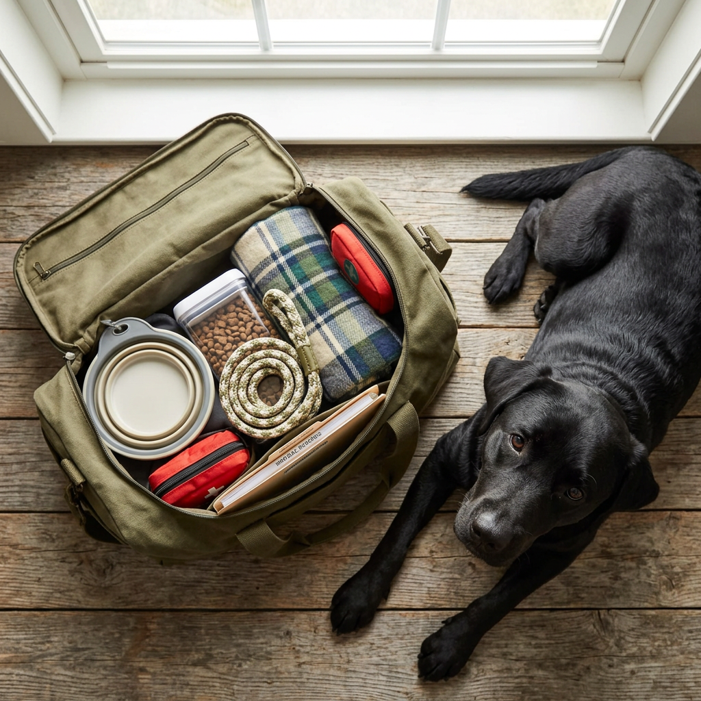 A black Labrador retriever lying beside an olive duffel bag packed with pet emergency supplies — food, water bowl, leash, blanket and first-aid pouch